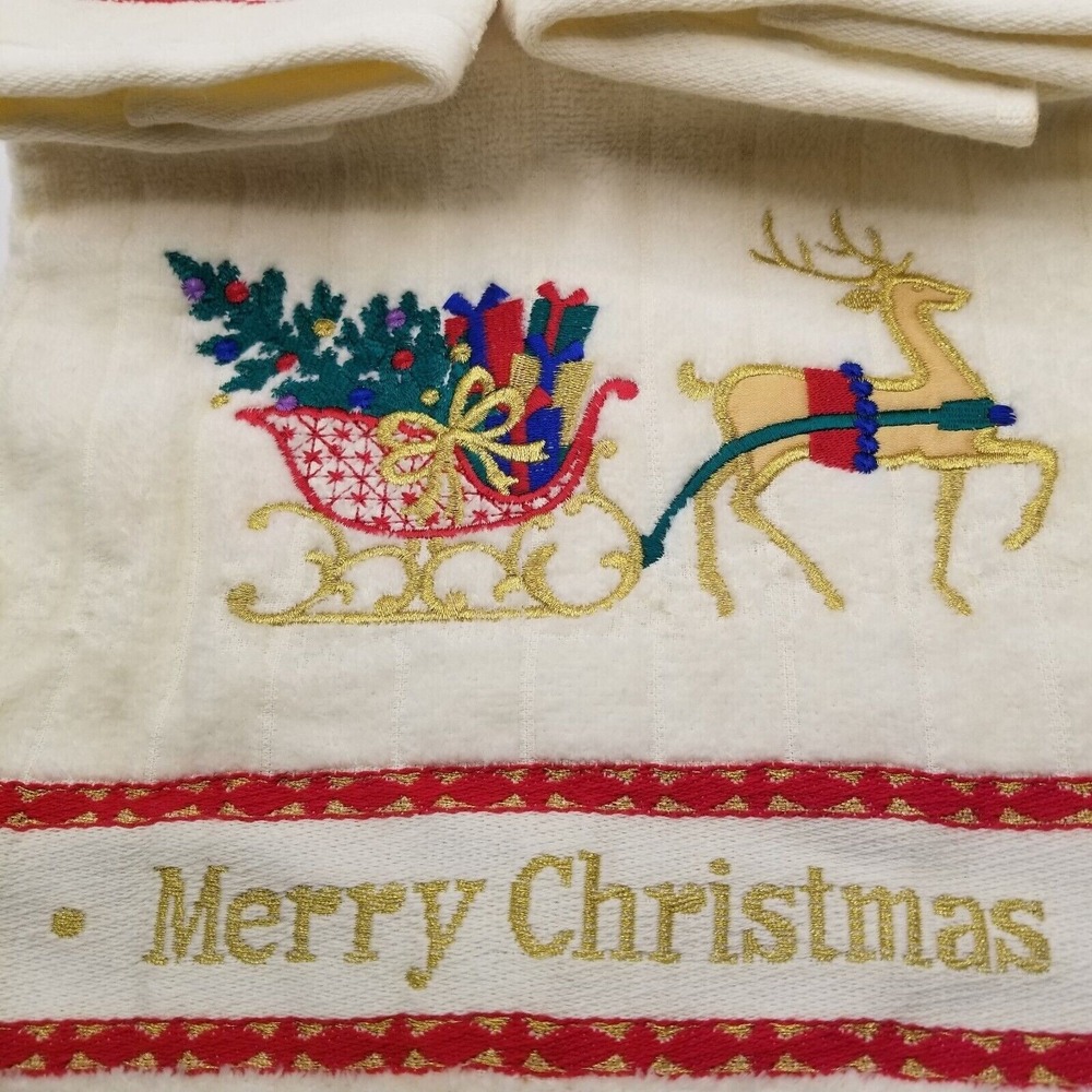 Home Collection Towel Set Unisex OS Vintage Christmas Beige Reindeer Sleigh 3pc